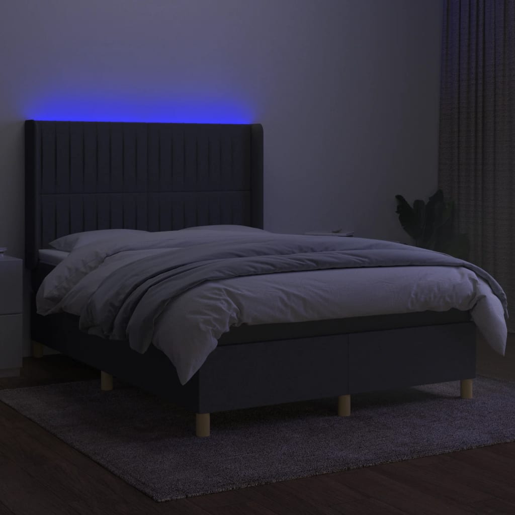 vidaXL Pat cu arcuri, saltea și LED, gri închis, 140x200 cm, textil