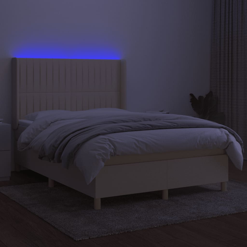 vidaXL Pat cu arcuri, saltea și LED, crem, 140x200 cm, textil