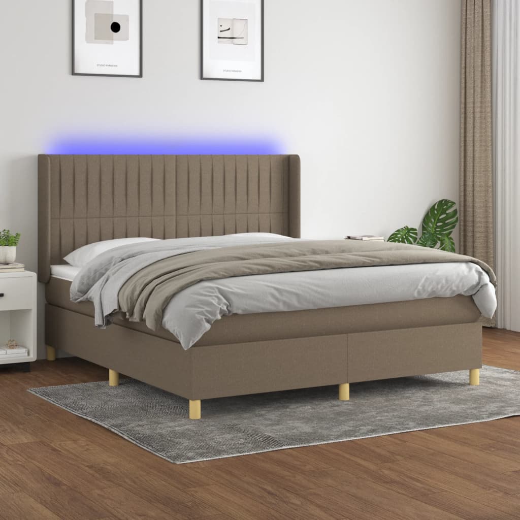 vidaXL Pat cu arcuri, saltea și LED, gri taupe, 160x200 cm, textil vidaXL Pat cu arcuri, saltea și LED, gri taupe, 160x200 cm, textil