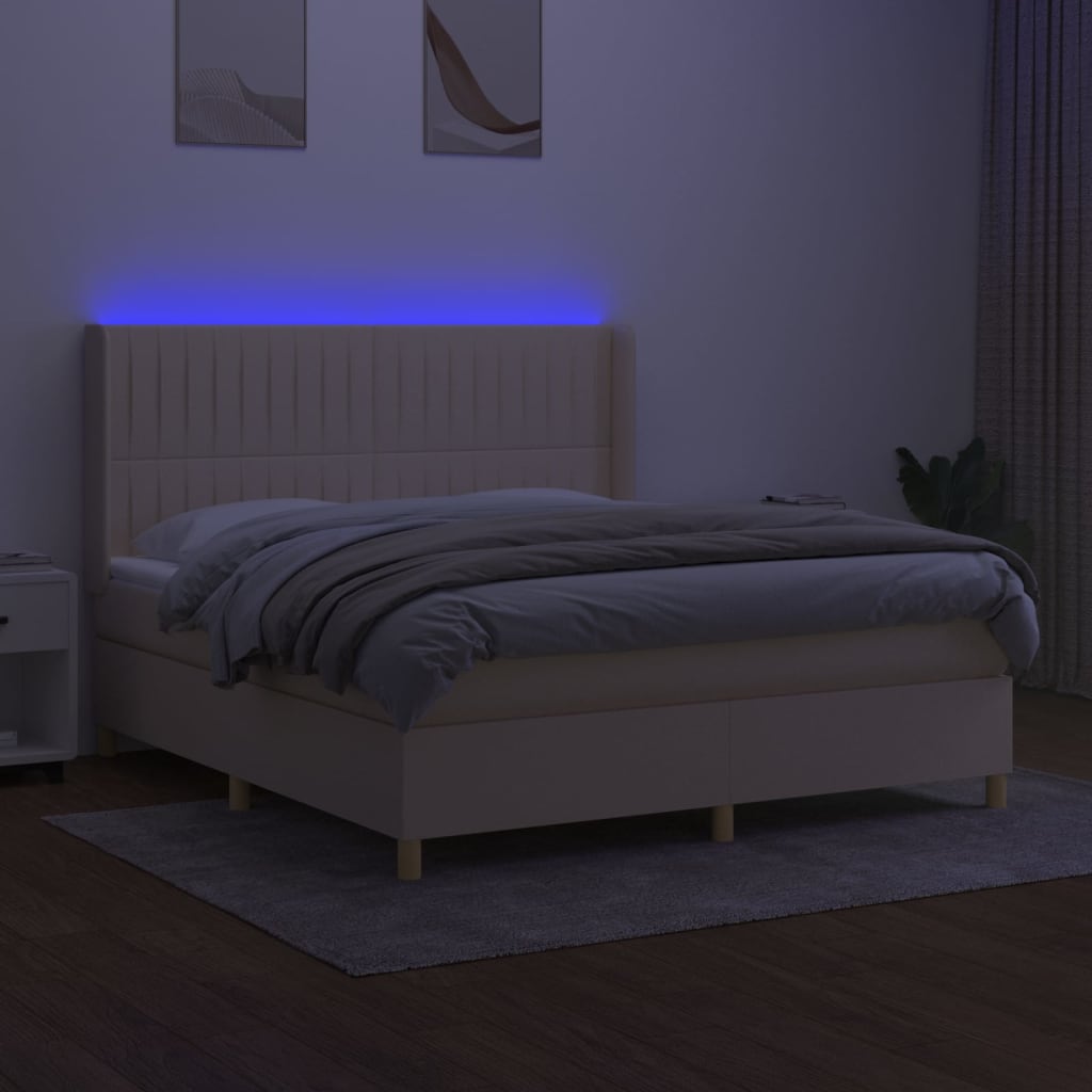 vidaXL Pat cu arcuri, saltea și LED, crem, 160x200 cm, textil