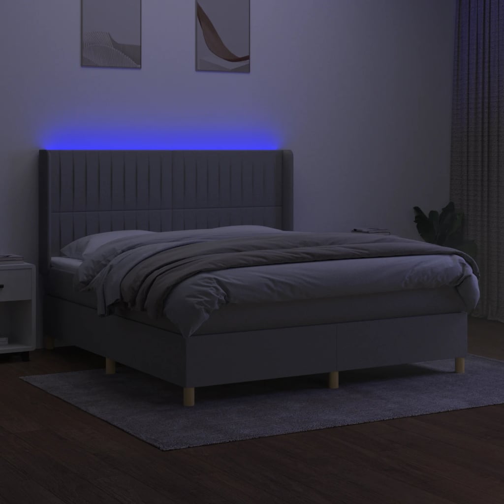 vidaXL Pat cu arcuri, saltea și LED, gri deschis, 180x200 cm, textil