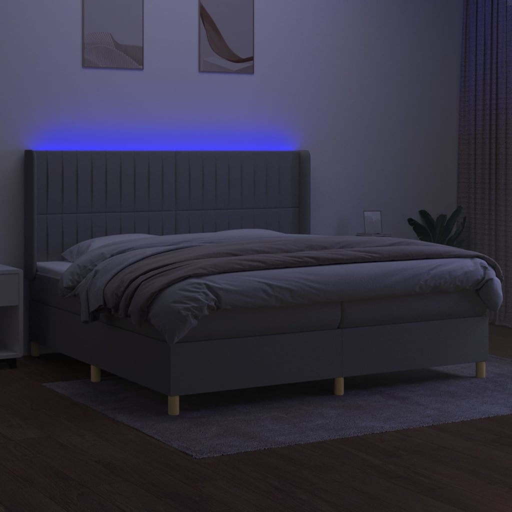 vidaXL Pat cu arcuri, saltea și LED, gri deschis, 200x200 cm, textil