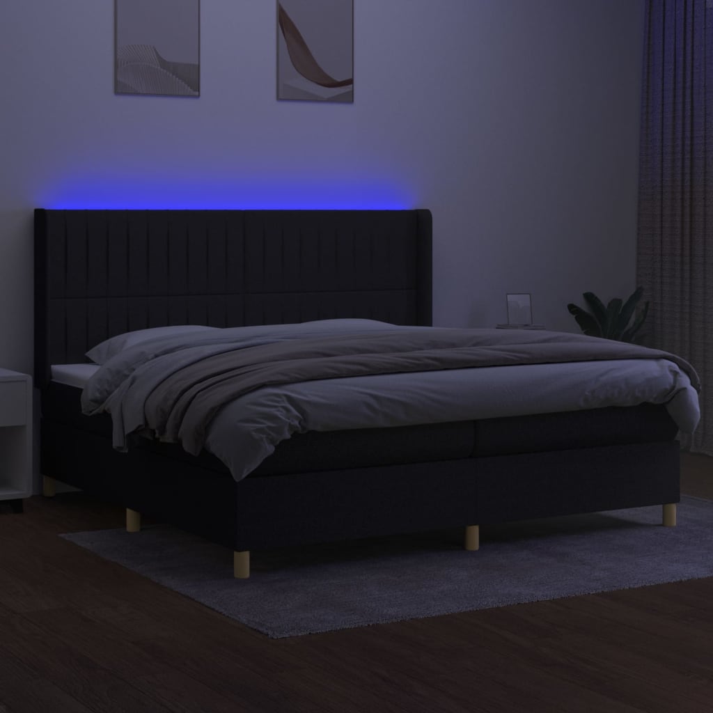 vidaXL Pat cu arcuri, saltea și LED, negru, 200x200 cm, textil