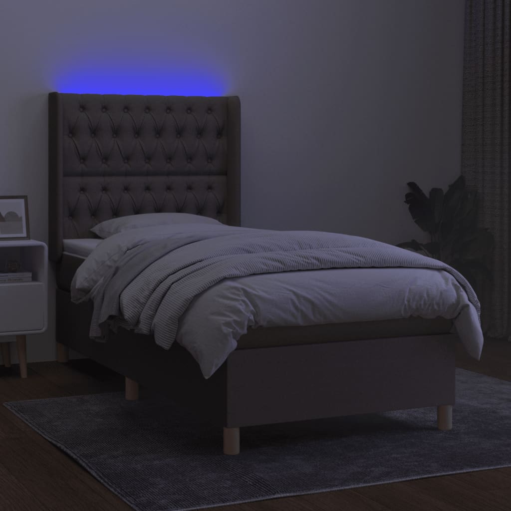 vidaXL Pat cu arcuri, saltea și LED, gri taupe, 90x190 cm, textil