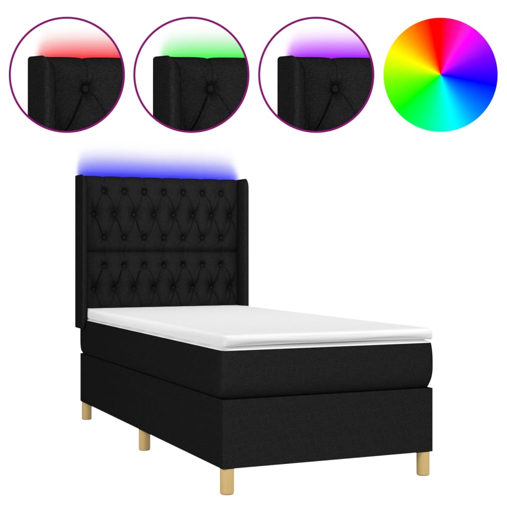 vidaXL Pat cu arcuri, saltea și LED, negru, 90x200 cm, textil