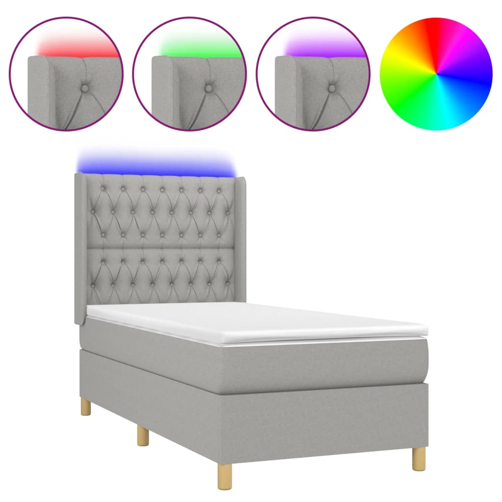 vidaXL Pat cu arcuri, saltea și LED, gri deschis, 100x200 cm, textil vidaXL Pat cu arcuri, saltea și LED, gri deschis, 100x200 cm, textil