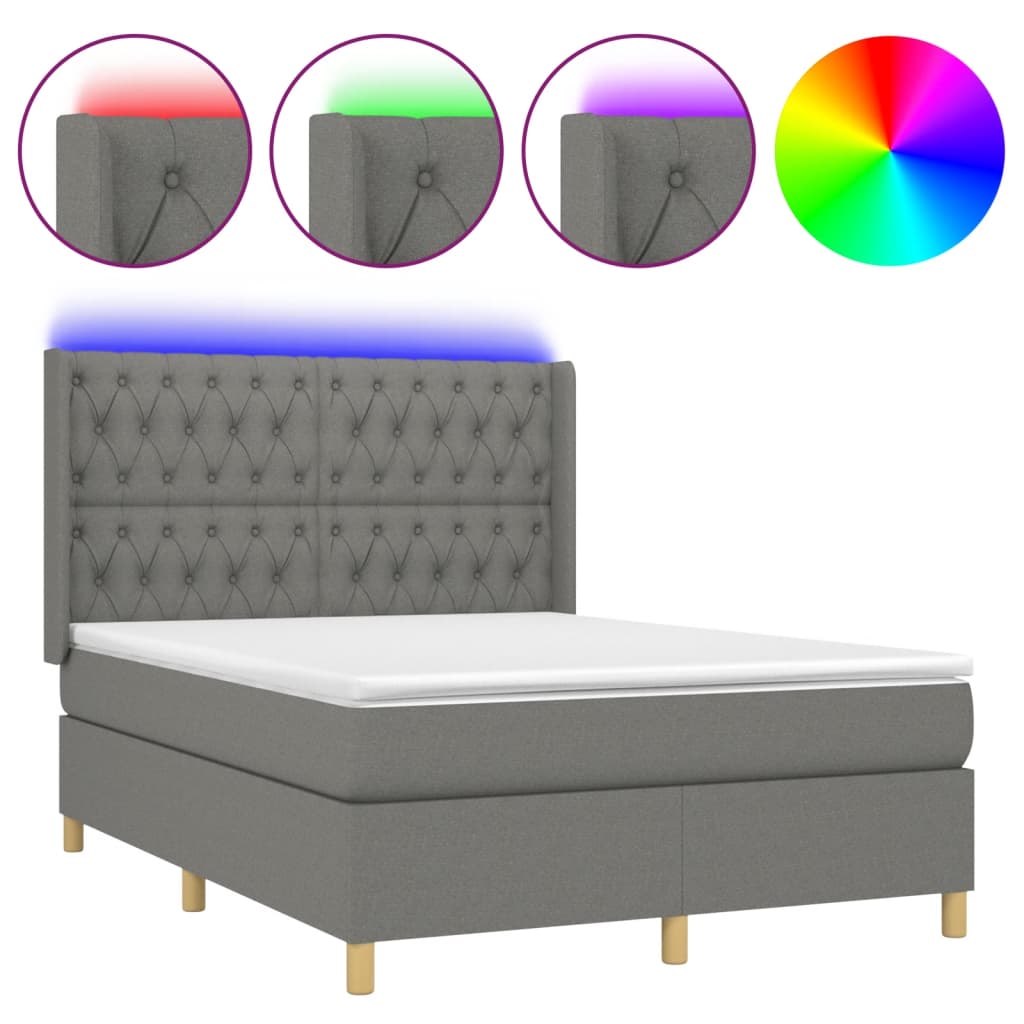 vidaXL Pat cu arcuri, saltea și LED, gri închis, 140x200 cm, textil vidaXL Pat cu arcuri, saltea și LED, gri închis, 140x200 cm, textil