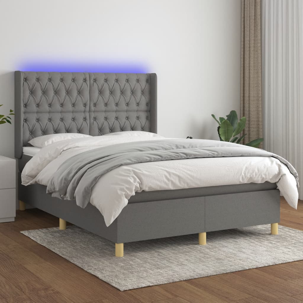 vidaXL Pat cu arcuri, saltea și LED, gri închis, 140x200 cm, textil vidaXL Pat cu arcuri, saltea și LED, gri închis, 140x200 cm, textil