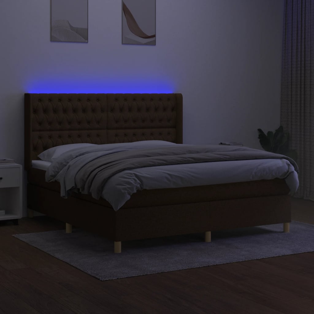 vidaXL Pat cu arcuri, saltea și LED, maro închis, 180x200 cm, textil