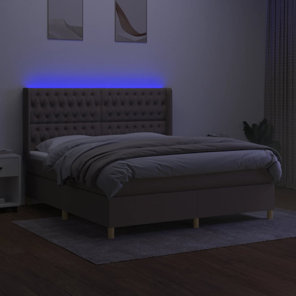 vidaXL Pat cu arcuri, saltea și LED, gri taupe, 180x200 cm, textil