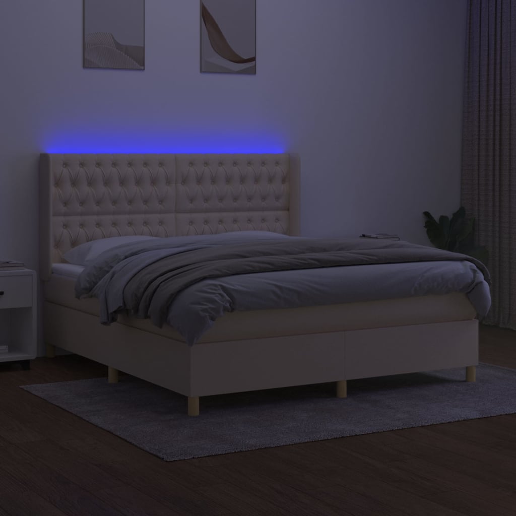 vidaXL Pat cu arcuri, saltea și LED, crem, 180x200 cm, textil