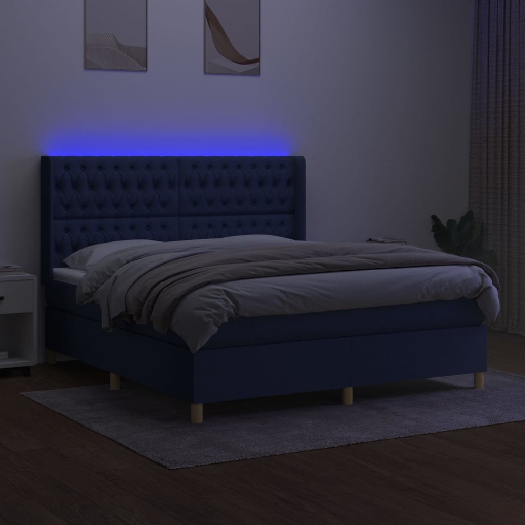 vidaXL Pat cu arcuri, saltea și LED, albastru, 180x200 cm, textil