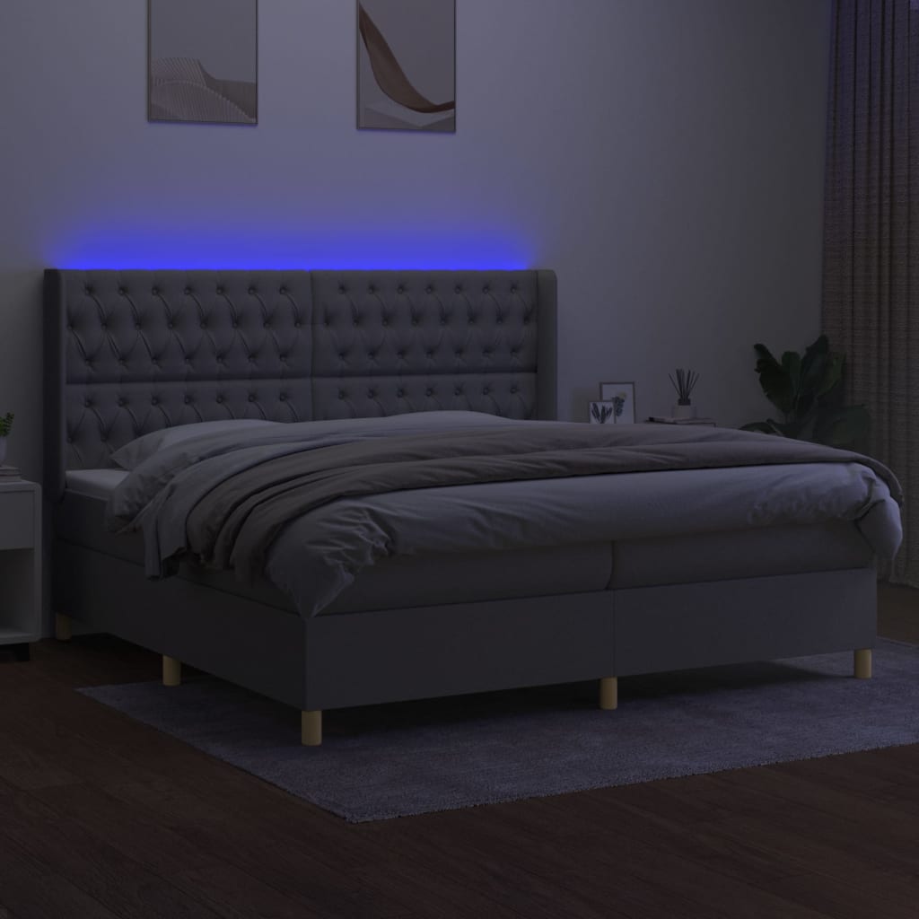 vidaXL Pat cu arcuri, saltea și LED, gri deschis, 200x200 cm, textil