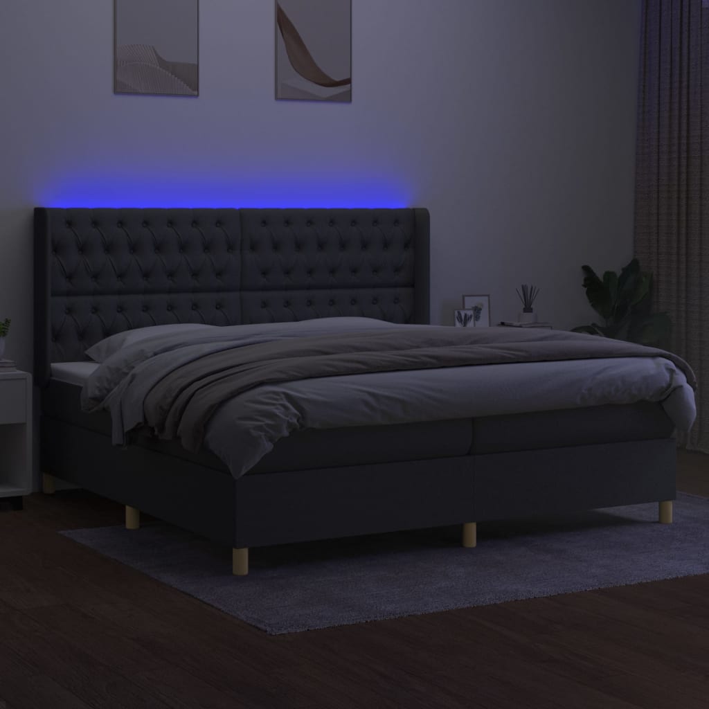 vidaXL Pat cu arcuri, saltea și LED, gri închis, 200x200 cm, textil