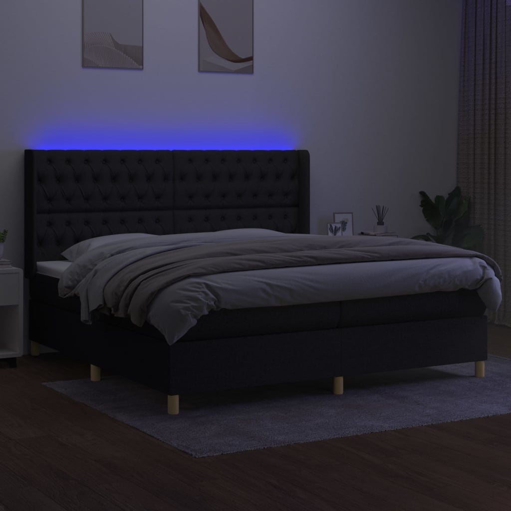vidaXL Pat cu arcuri, saltea și LED, negru, 200x200 cm, textil
