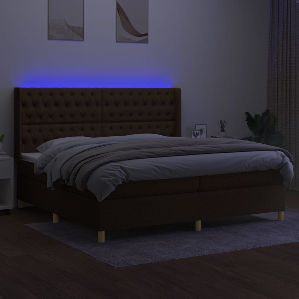 vidaXL Pat cu arcuri, saltea și LED, maro închis, 200x200 cm, textil