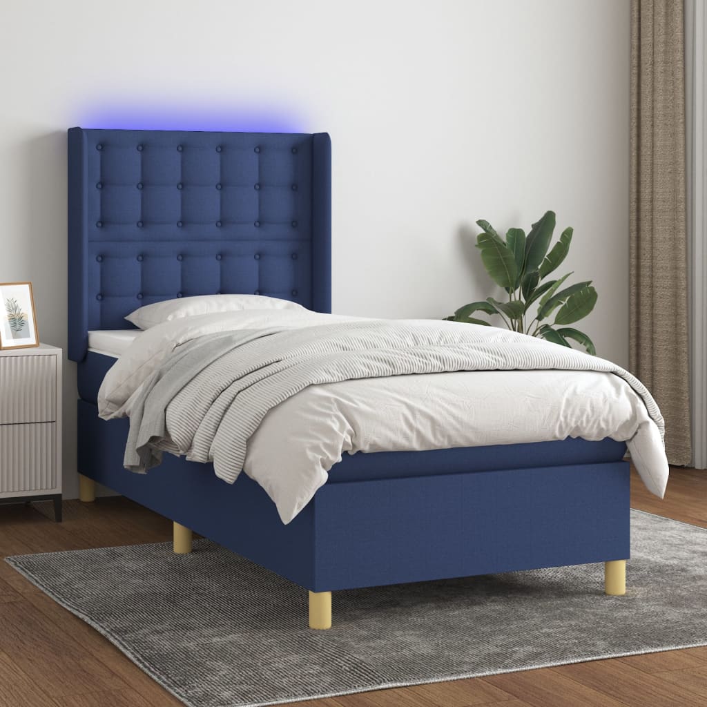 vidaXL Pat cu arcuri, saltea și LED, albastru, 120x200 cm, textil vidaXL Pat cu arcuri, saltea și LED, albastru, 120x200 cm, textil