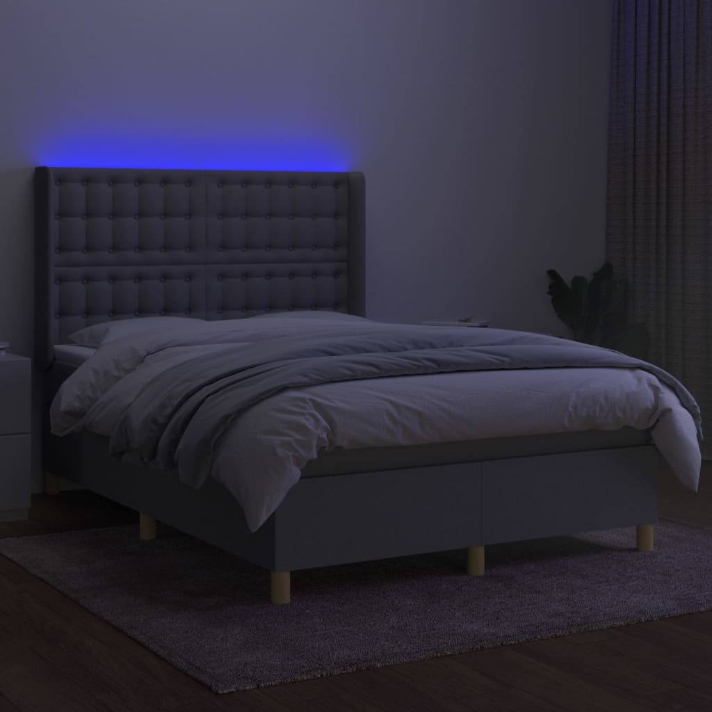 vidaXL Pat cu arcuri, saltea și LED, gri deschis, 140x200 cm, textil