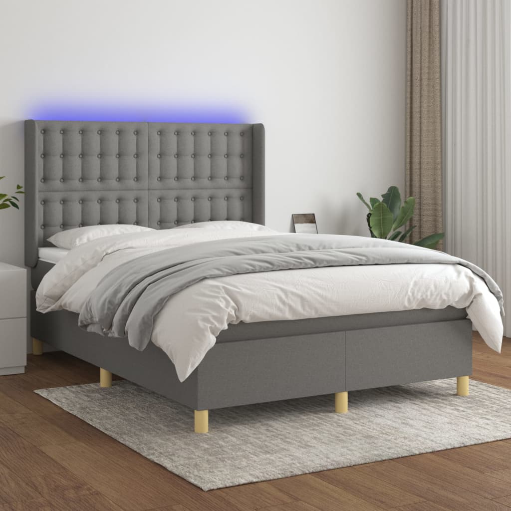 vidaXL Pat cu arcuri, saltea și LED, gri închis, 140x200 cm, textil vidaXL Pat cu arcuri, saltea și LED, gri închis, 140x200 cm, textil
