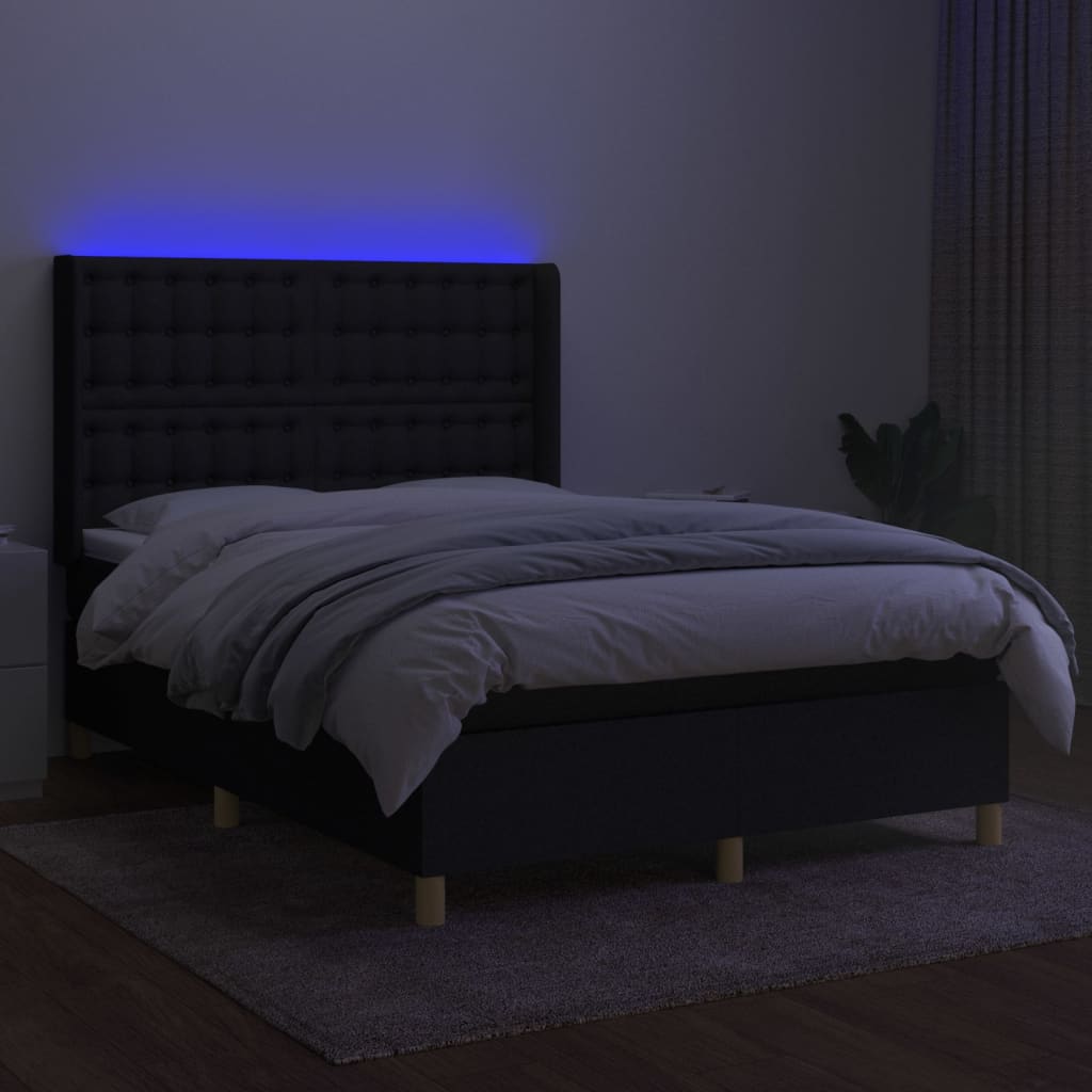 vidaXL Pat cu arcuri, saltea și LED, negru, 140x200 cm, textil
