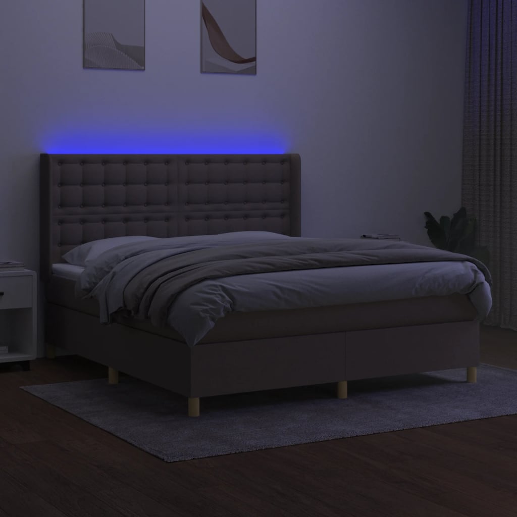 vidaXL Pat cu arcuri, saltea și LED, gri taupe, 160x200 cm, textil