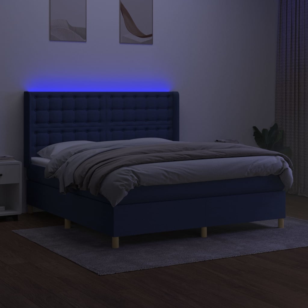 vidaXL Pat cu arcuri, saltea și LED, albastru, 160x200 cm, textil