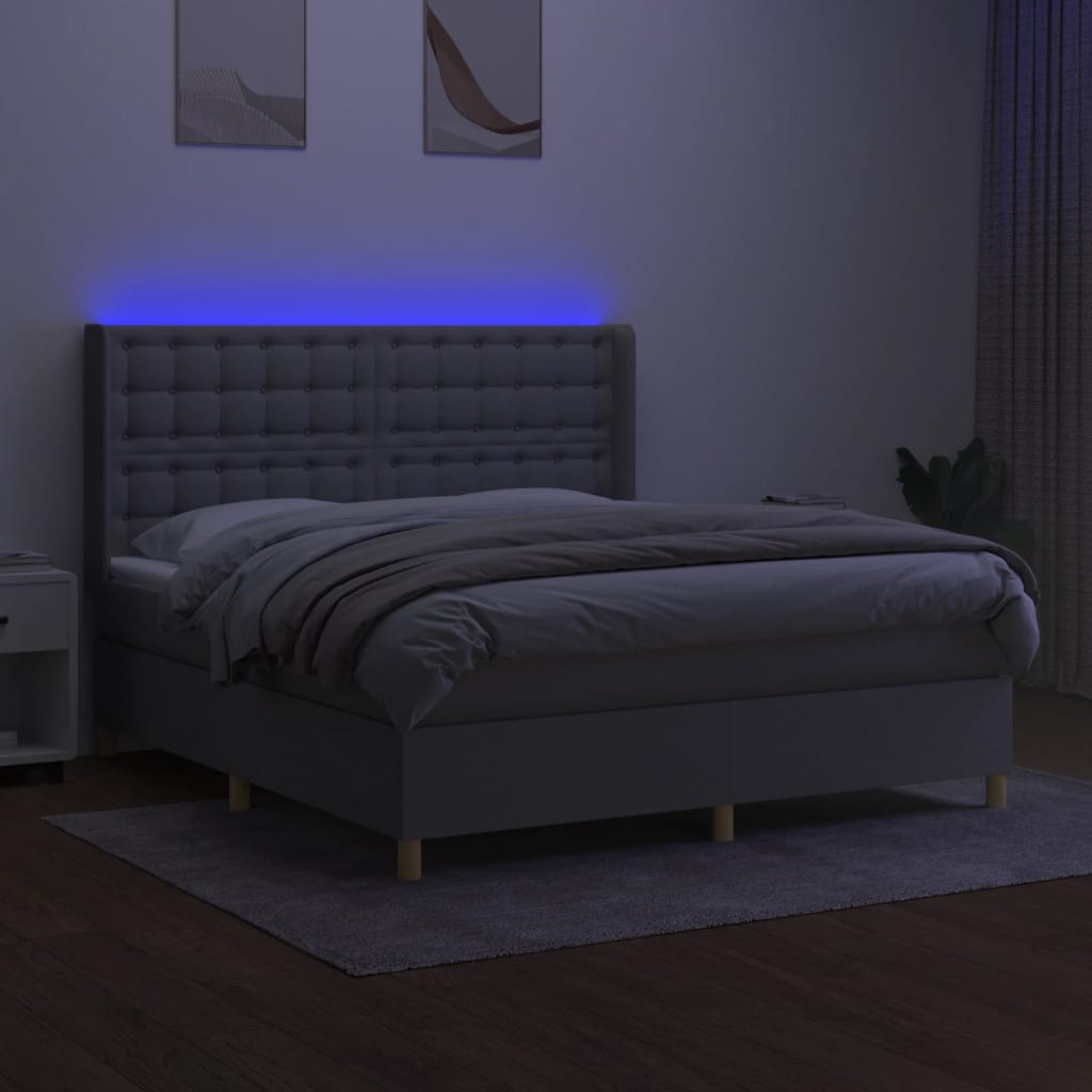vidaXL Pat cu arcuri, saltea și LED, gri deschis, 180x200 cm, textil