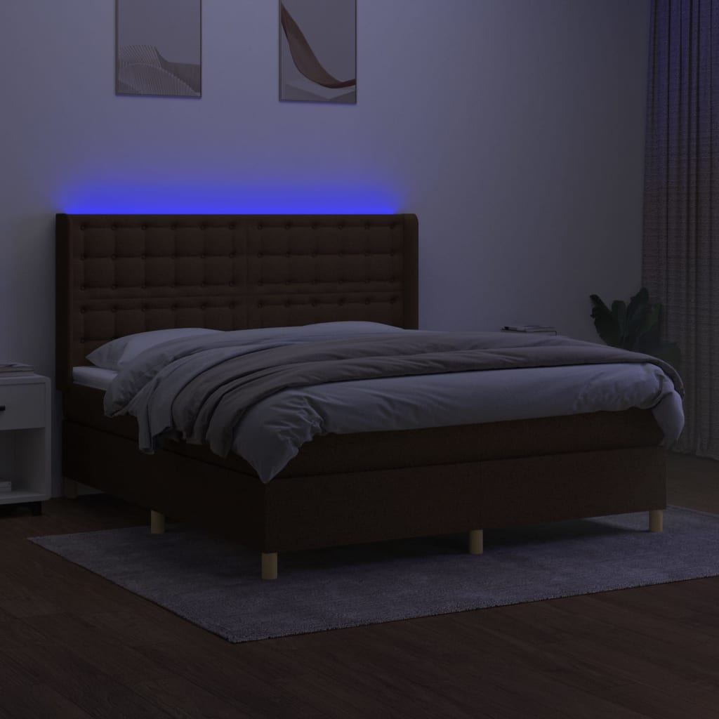 vidaXL Pat cu arcuri, saltea și LED, maro închis, 180x200 cm, textil