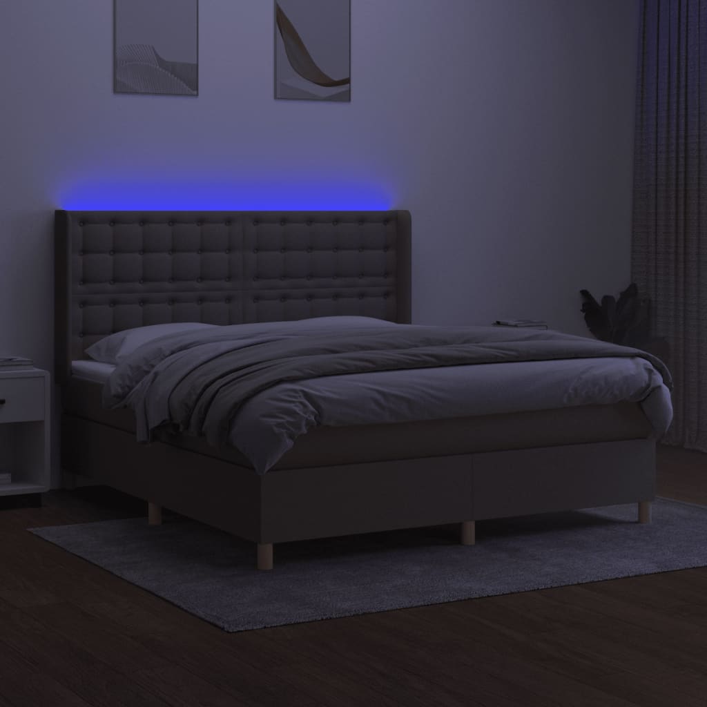 vidaXL Pat cu arcuri, saltea și LED, gri taupe, 180x200 cm, textil
