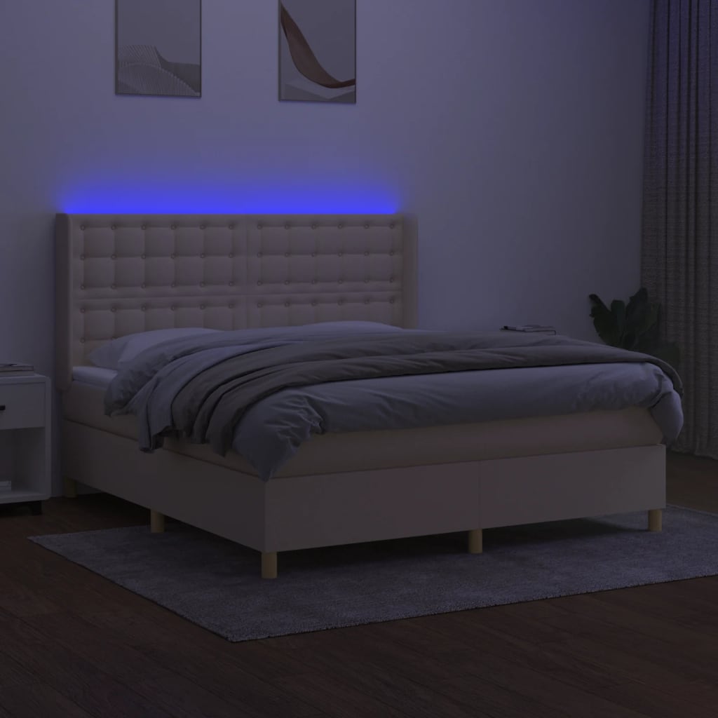 vidaXL Pat cu arcuri, saltea și LED, crem, 180x200 cm, textil