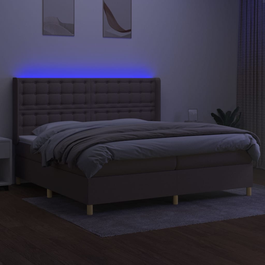 vidaXL Pat cu arcuri, saltea și LED, gri taupe, 200x200 cm, textil