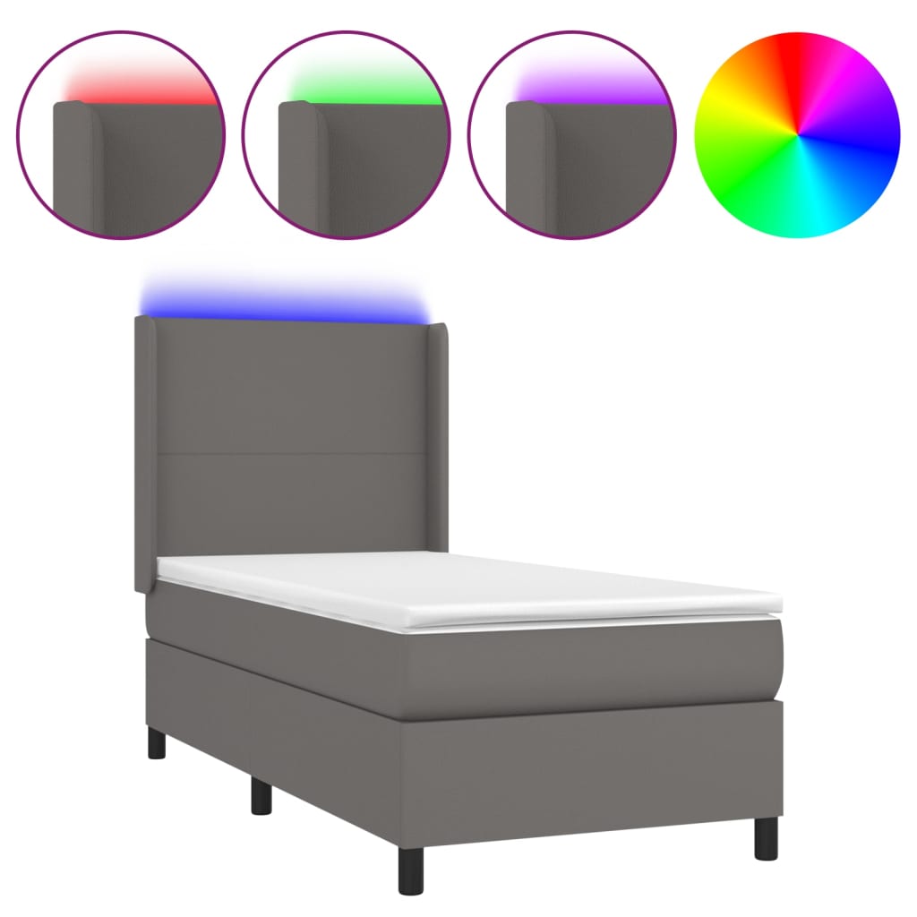 vidaXL Pat cu arcuri, saltea și LED, gri, 90x190 cm, piele ecologică