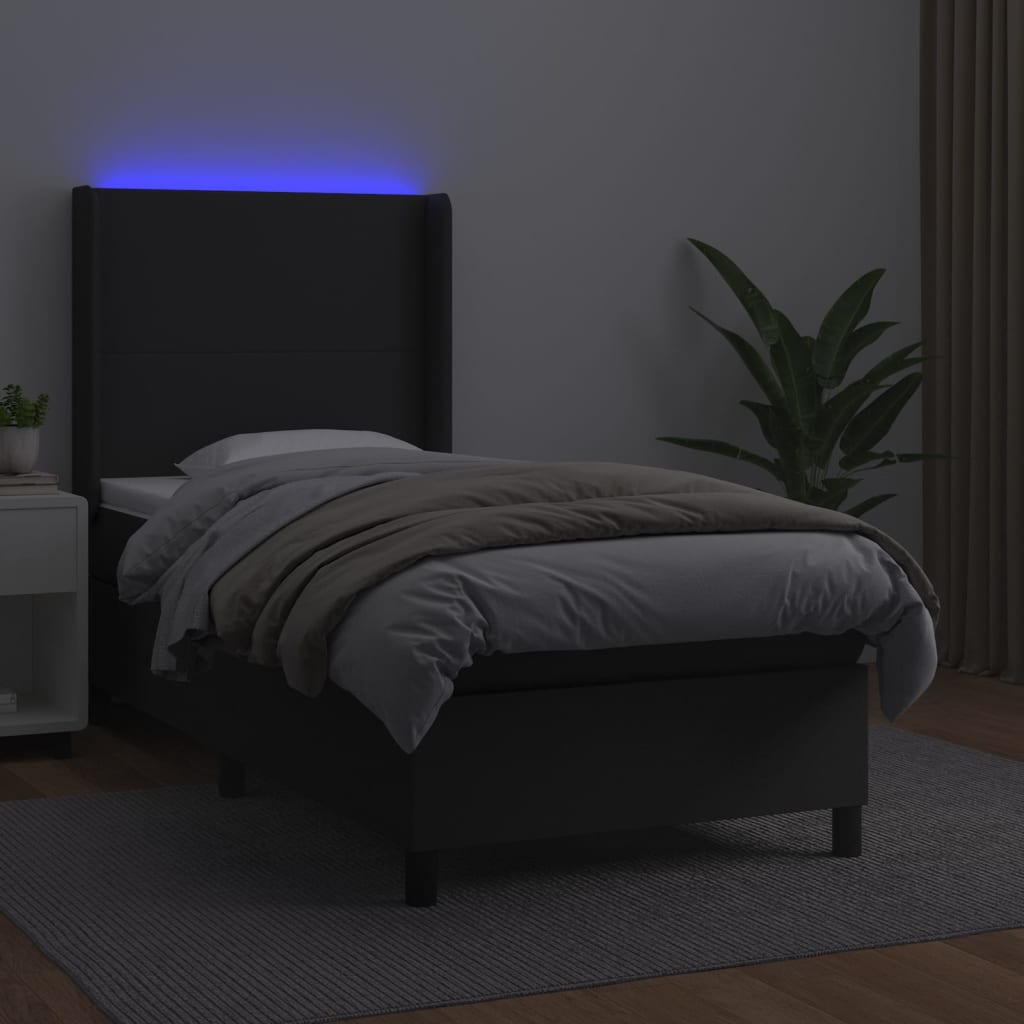 vidaXL Pat cu arcuri, saltea și LED, negru, 90x200 cm, piele ecologică