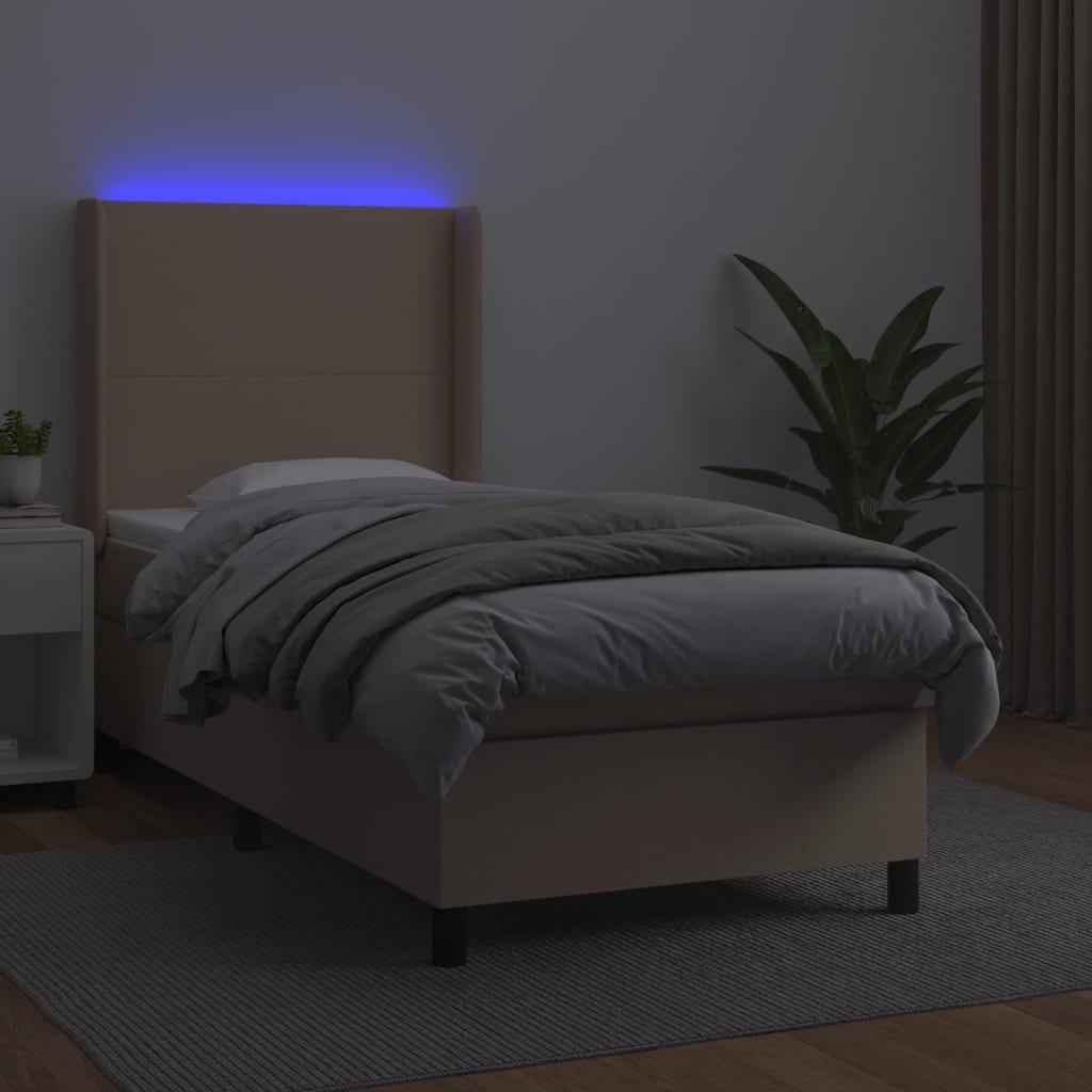 vidaXL Pat cu arcuri, cu saltea și LED, cappuccino 90x200 cm piele eco
