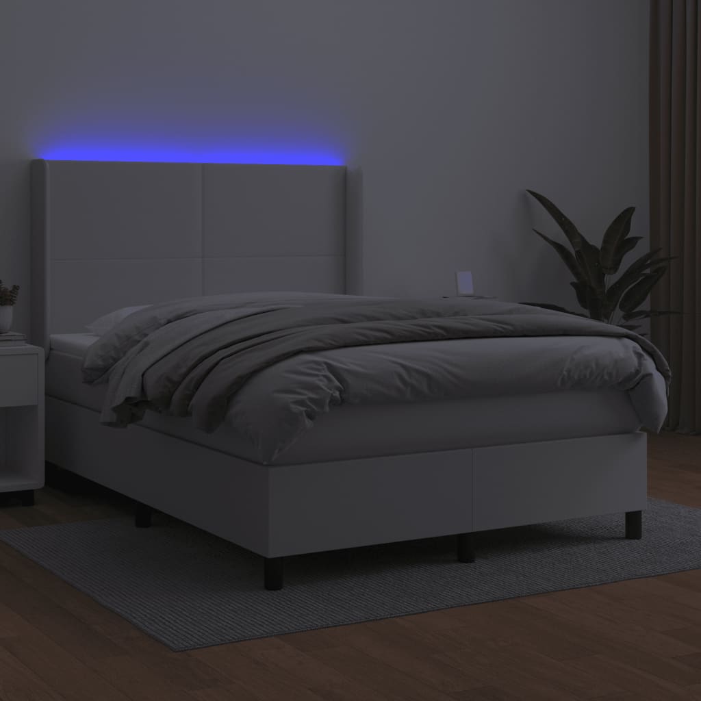 vidaXL Pat cu arcuri, cu saltea și LED, alb, 140x190 cm, piele eco vidaXL Pat cu arcuri, cu saltea și LED, alb, 140x190 cm, piele eco