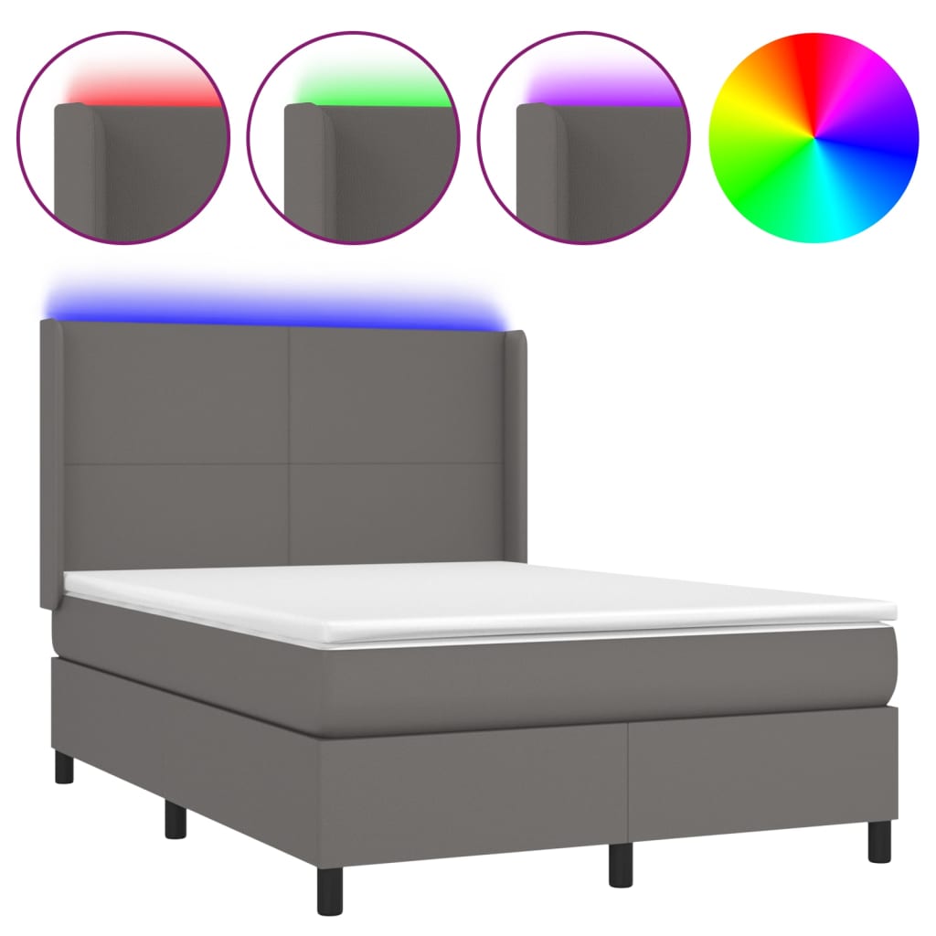 vidaXL Pat cu arcuri, saltea și LED, gri, 140x190 cm, piele ecologică