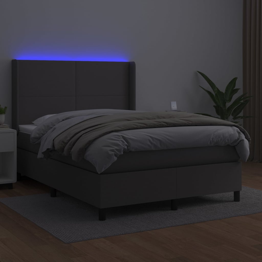 vidaXL Pat cu arcuri, saltea și LED, gri, 140x190 cm, piele ecologică