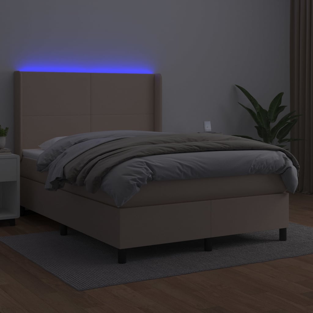 vidaXL Pat cu arcuri, saltea și LED, cappuccino, 140x200cm, piele eco