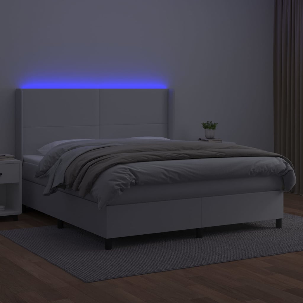 vidaXL Pat cu arcuri, saltea și LED, alb, 160x200 cm, piele ecologică