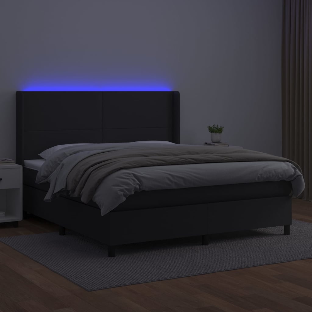 vidaXL Pat cu arcuri, saltea și LED, negru, 180x200cm, piele ecologică