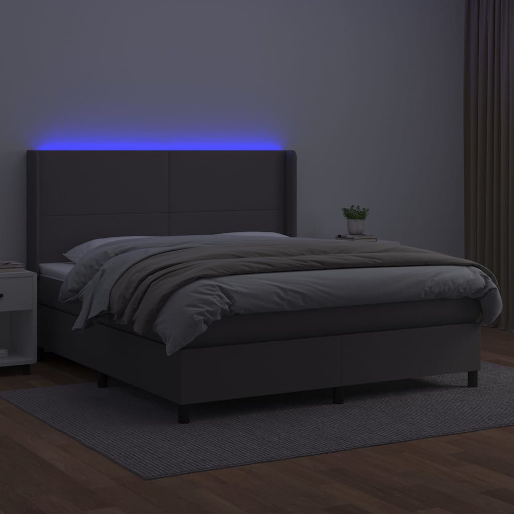 vidaXL Pat cu arcuri, cu saltea și LED, gri, 180x200 cm, piele eco