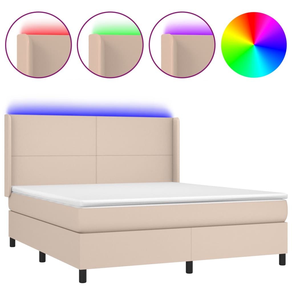 vidaXL Pat cu arcuri, saltea și LED, cappuccino, 180x200cm, piele eco
