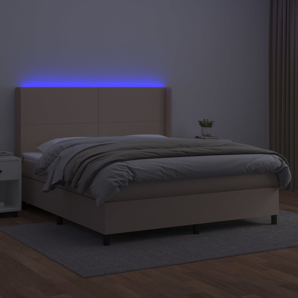 vidaXL Pat cu arcuri, saltea și LED, cappuccino, 180x200cm, piele eco