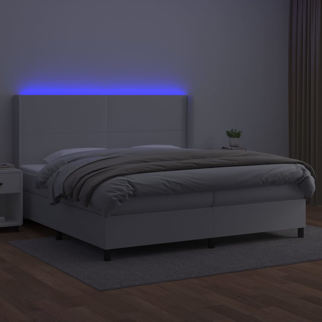 vidaXL Pat cu arcuri, cu saltea și LED, alb, 200x200 cm, piele eco vidaXL Pat cu arcuri, cu saltea și LED, alb, 200x200 cm, piele eco