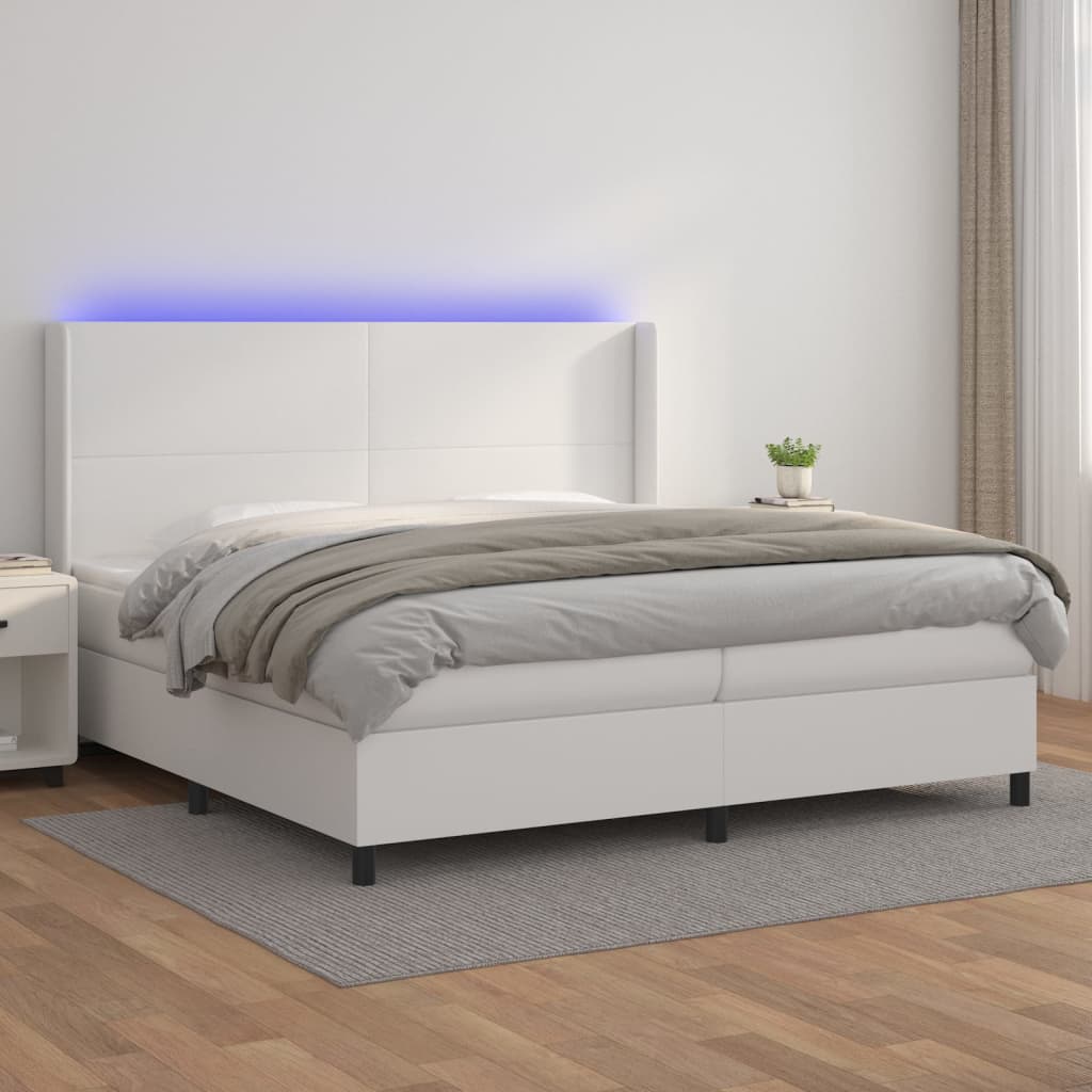 vidaXL Pat cu arcuri, cu saltea și LED, alb, 200x200 cm, piele eco vidaXL Pat cu arcuri, cu saltea și LED, alb, 200x200 cm, piele eco