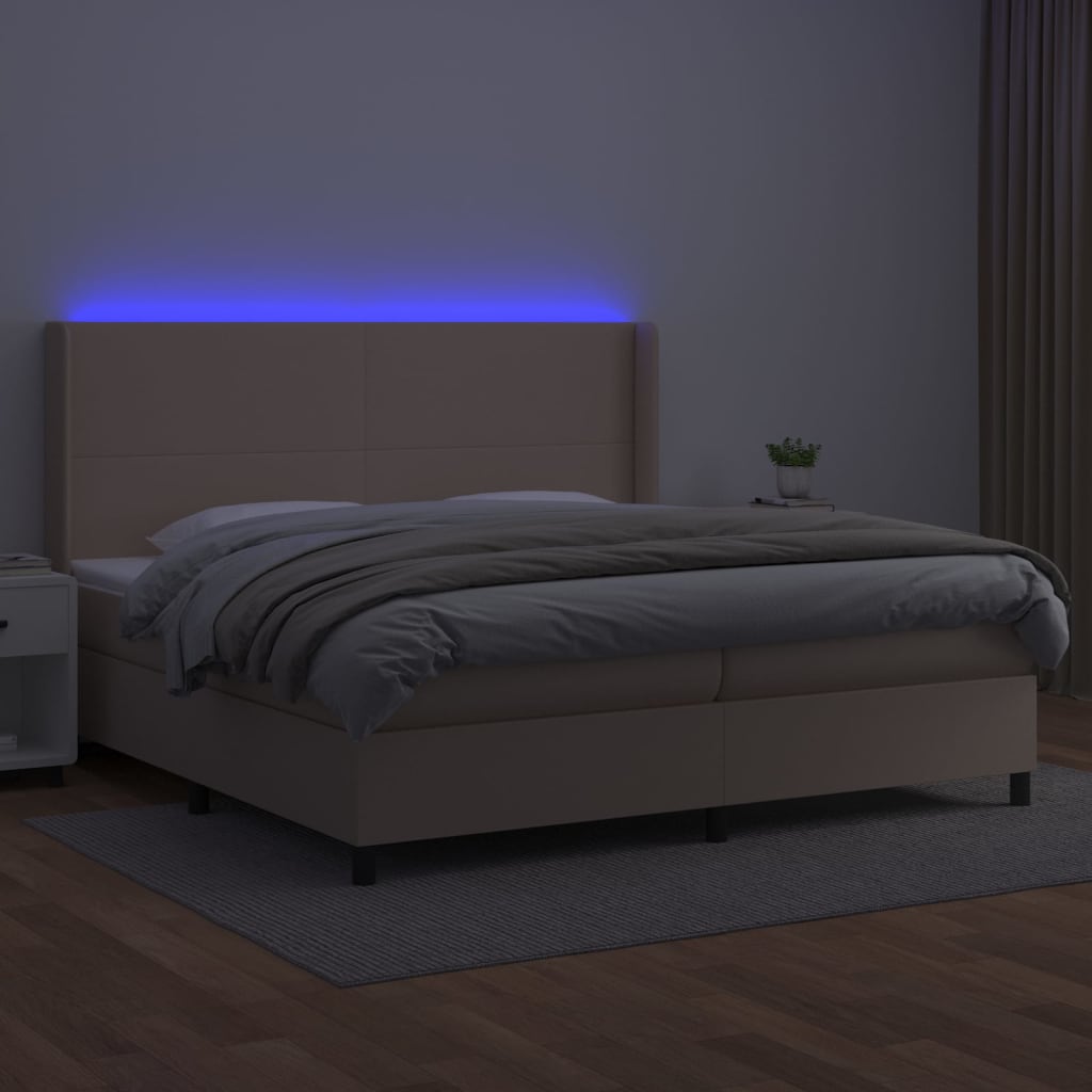 vidaXL Pat cu arcuri, saltea și LED, cappuccino, 200x200 cm, piele eco