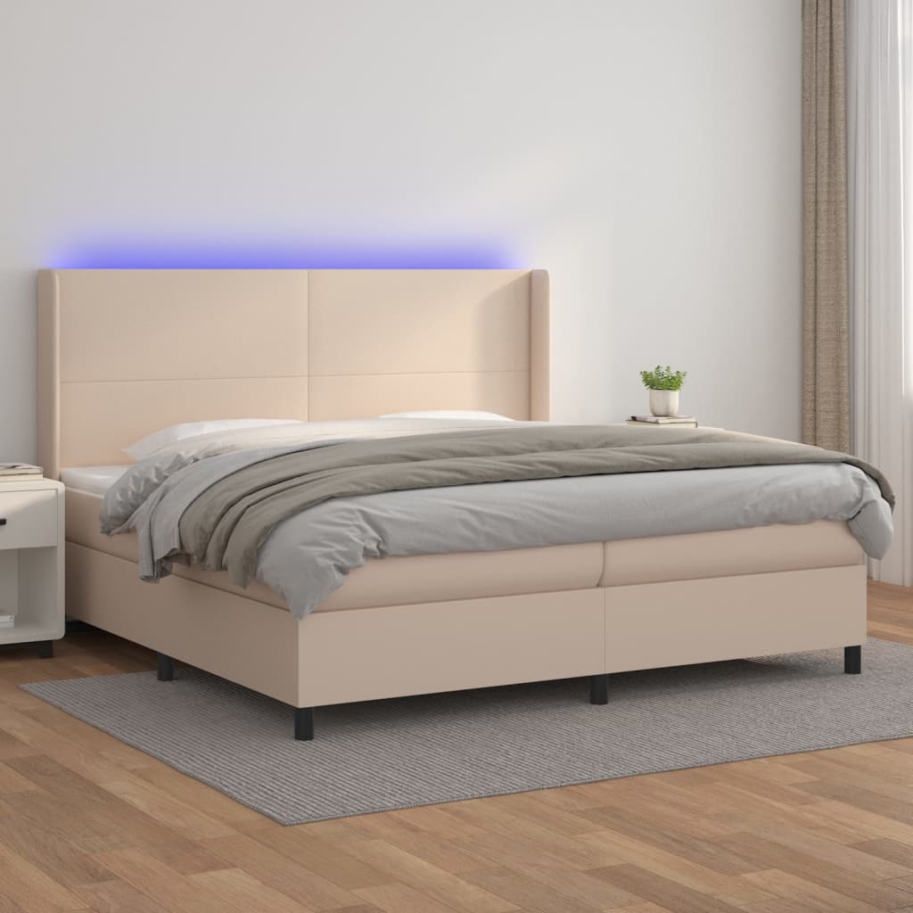 vidaXL Pat cu arcuri, saltea și LED, cappuccino, 200x200 cm, piele eco