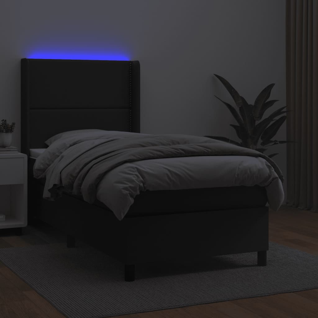 vidaXL Pat cu arcuri, saltea și LED, negru, 80x200 cm, piele ecologică