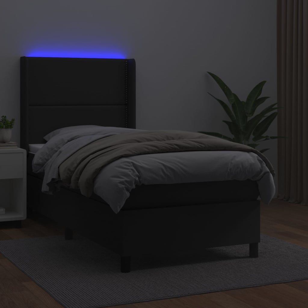 vidaXL Pat cu arcuri, saltea și LED, negru, 90x190 cm, piele ecologică