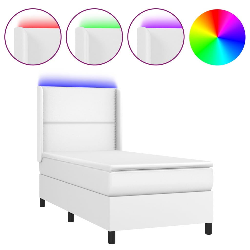 vidaXL Pat cu arcuri, saltea și LED, alb, 90x190 cm, piele ecologică